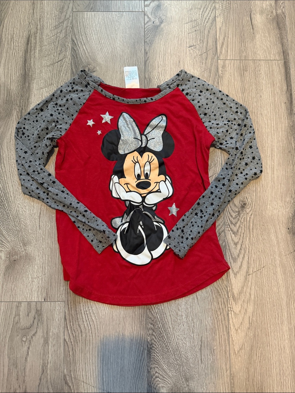 Disney Red Minnie Mouse Long-Sleeve Top with Gray Star Sleeves